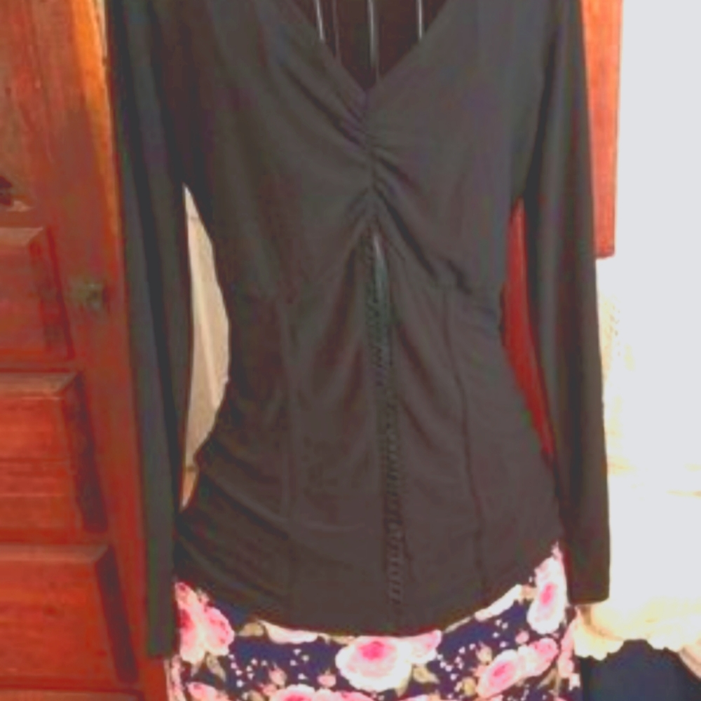 Vintage Suzie- size small- elegant low waisted dress- black with pink floral